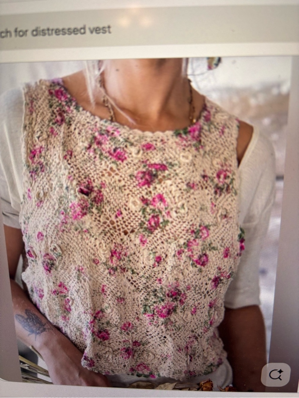 Magnolia Pearl Cream Crochet Crop Top with Pink Floral pattern